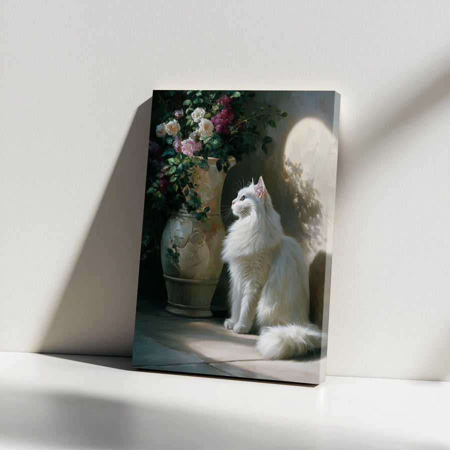 White Cat Canvas Wall Art | Elegant Floral Painting Print | Premium Gallery Wrap Decor | Gift for Cat Lover