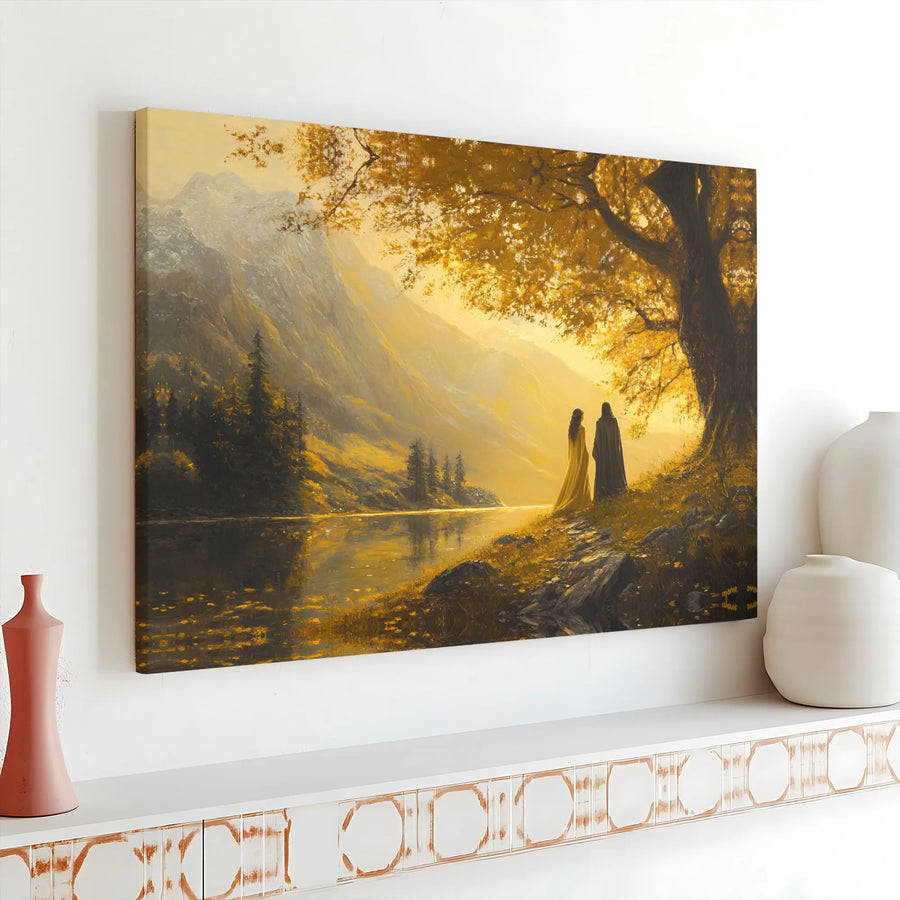Fantasy Couple Landscape Canvas | Golden Hour Mountain Lake Wall Art | Premium Gallery Wrap Print | Romantic Home Decor Gift