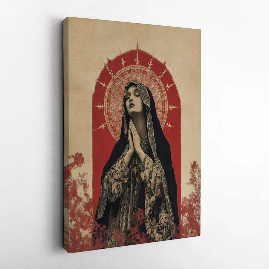Virgin Mary Canvas Wall Art | Praying Madonna With Red Halo Aesthetic | Premium Gallery-Wrapped Print | Religious Home Decor Gift