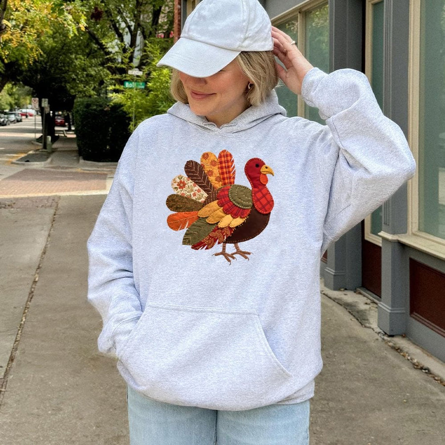 Patchwork Turkey Thanksgiving Hoodie | Faux Embroidery Farmhouse Fall Aesthetic | Premium Cotton Blend Sweatshirt | Cozy Seasonal Gift for Her