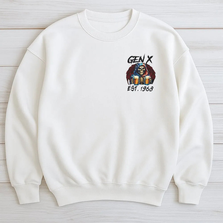 Gen X Sweatshirt | Funny Skull Beer Graphic EST. 1968 | Premium Cotton Blend | Nostalgic Birthday Gift for Men & Women