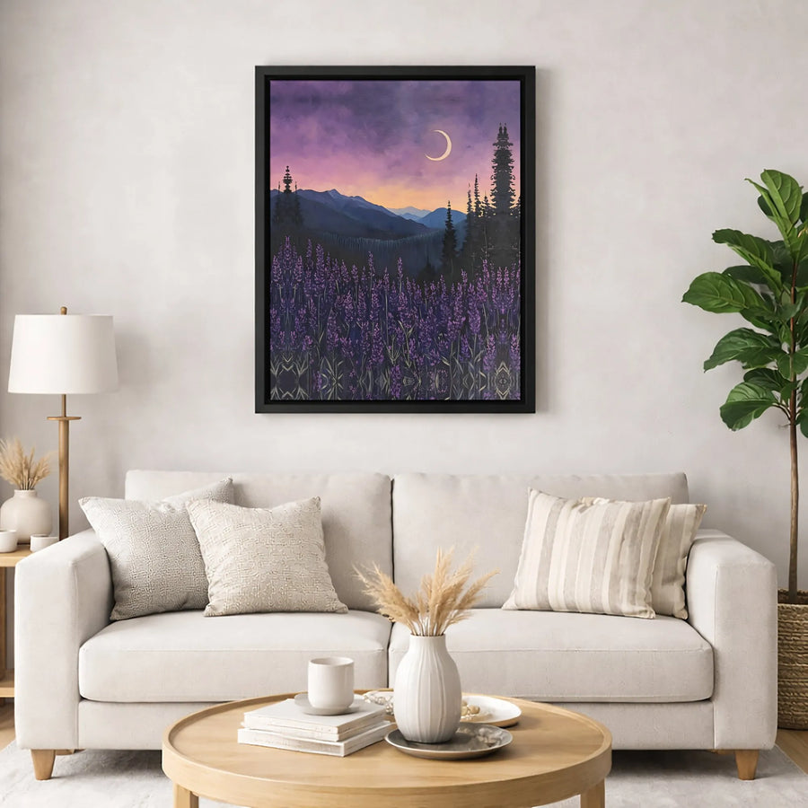 Lavender Field Canvas Art | Mountain Landscape with Crescent Moon | Premium Fade-Resistant Print | Wall Decor for Bedroom or Living Room