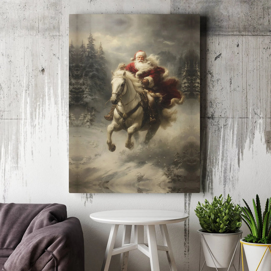 Santa Claus Canvas Wall Art | Majestic White Horse in Snowy Winter Forest | Premium Gallery Wrapped Print | Holiday Home Decor Gift