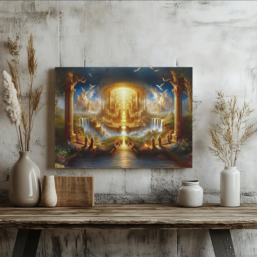 Heavenly Kingdom Canvas Art | Mythical Golden City Landscape | Premium Gallery Wrapped Canvas | Spiritual Wall Decor Gift