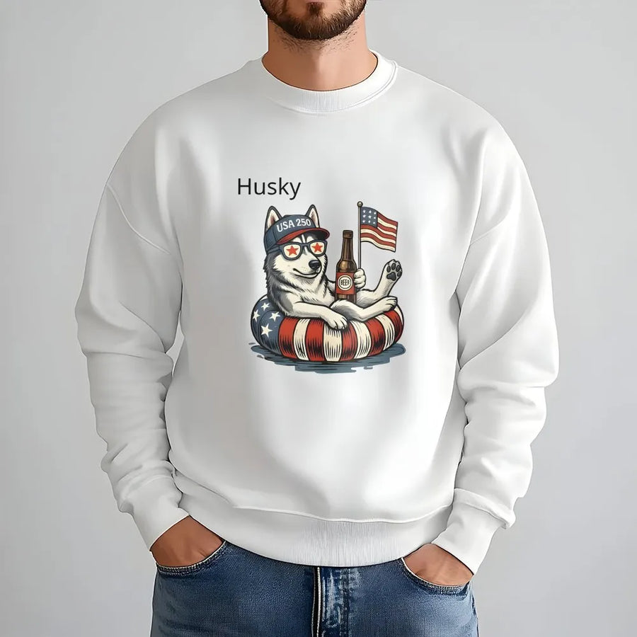 USA 250th Anniversary Husky Sweatshirt | Funny Patriotic Dog with American Flag | Premium Cotton Blend Sweatshirt | Unisex Gift for Dog Lovers