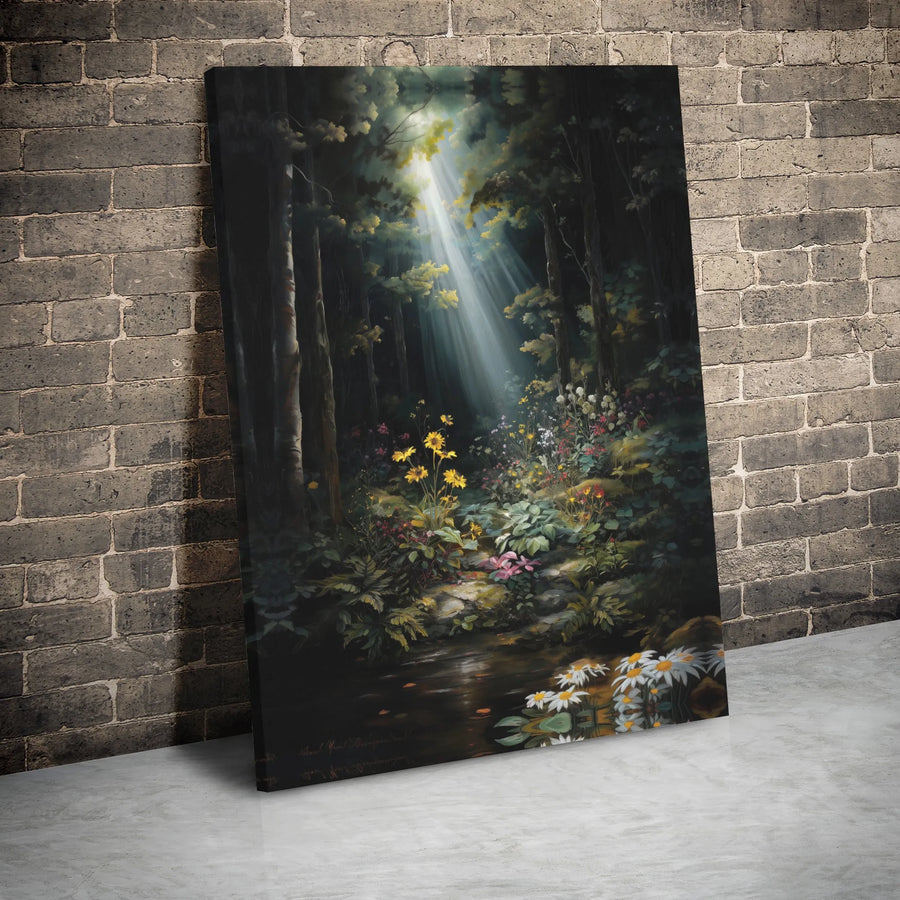 Enchanted Forest Canvas Wall Art | Sunbeam Meadow Landscape Print | 1.25 Inch Gallery Wrap | Botanical Home Decor Gift for Nature Lovers