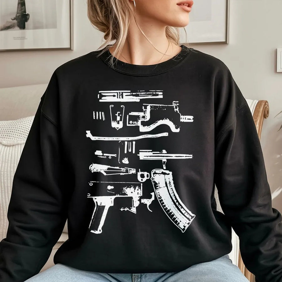 Gun Schematic Sweatshirt | Exploded View Rifle Blueprint | Premium Cotton Blend Pullover | Gift for Gun Enthusiast