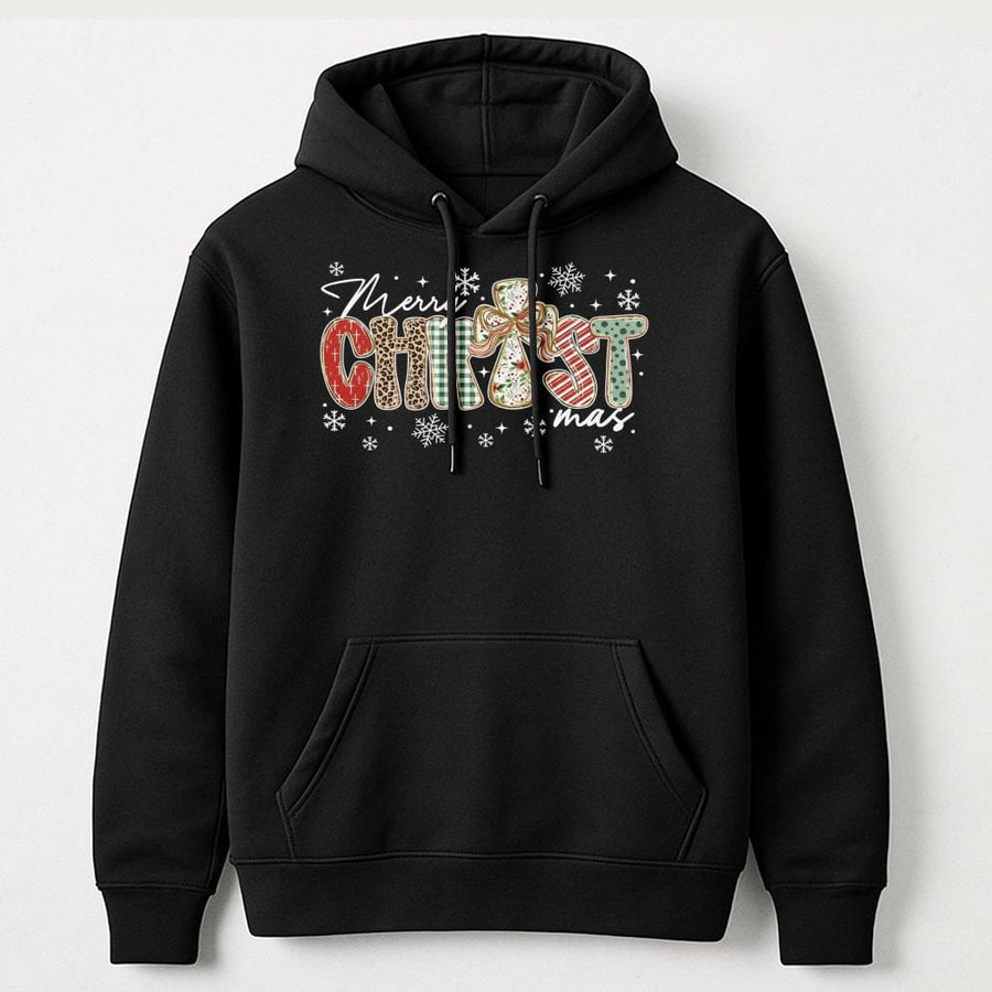 Merry Christ-mas Hoodie | Leopard and Plaid Religious Cross Graphic | Cotton-Poly Premium Blend | Faith-Based Christian Christmas Gift for Women