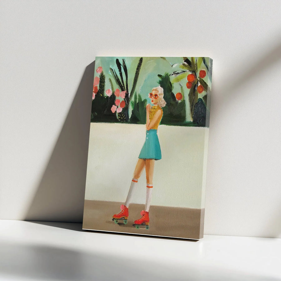 Retro Roller Skate Girl Canvas Print | Vintage 70s Summer Painting Art | Premium Thick Gallery Wrapped Canvas | Nostalgic Wall Decor Gift for Her