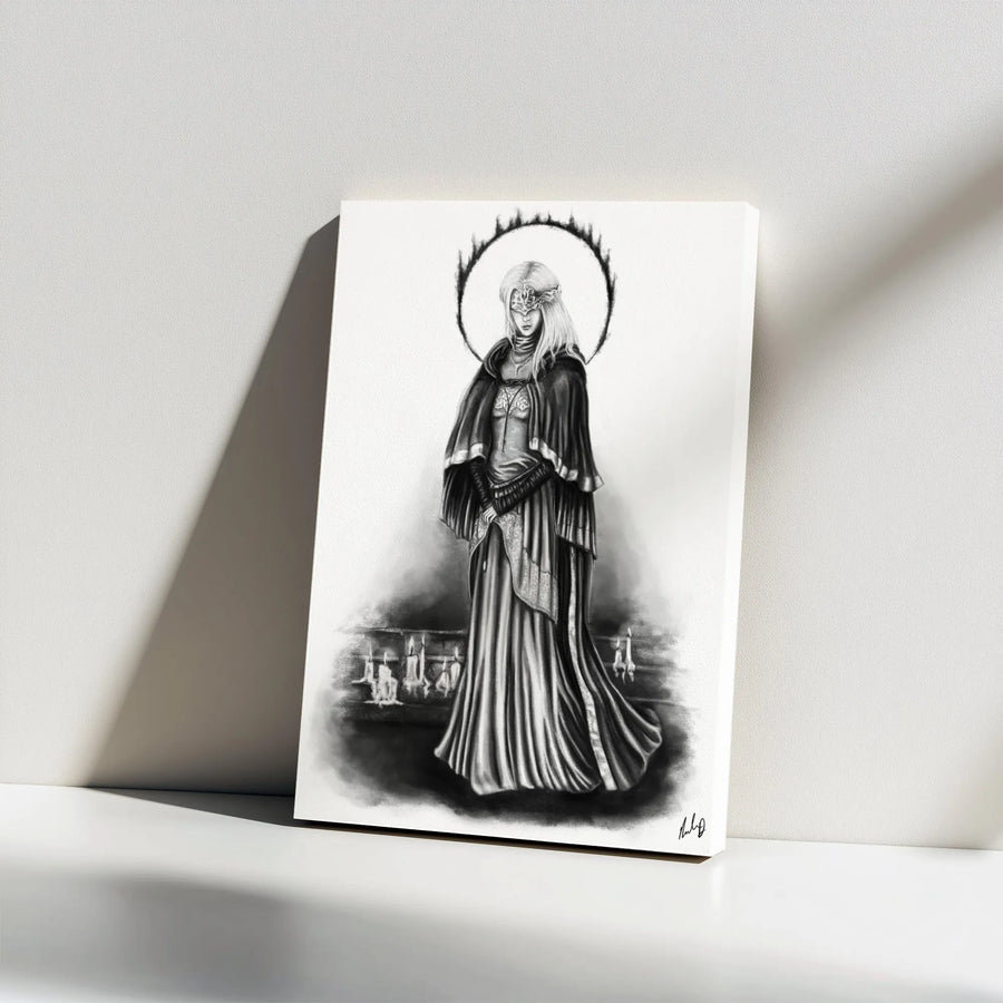 Gothic Fantasy Wall Art | Fire Keeper Pencil Sketch | Premium Gallery Wrapped Canvas | Gamer Room Decor Gift for RPG Fans