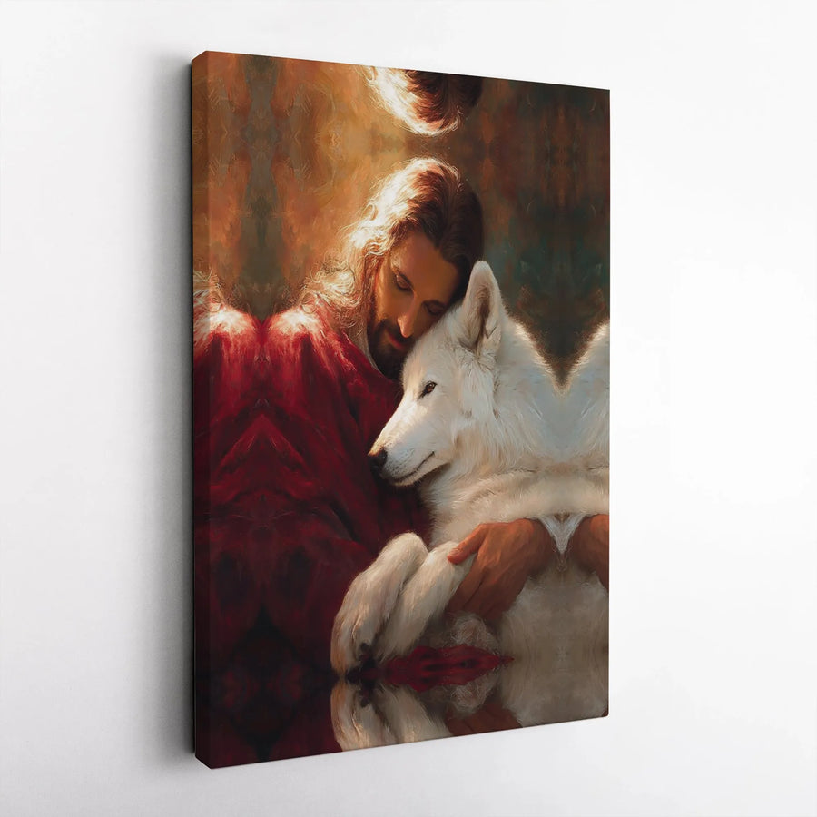 Jesus and Wolf Canvas Wall Art | Christ Embracing White Wolf Painting | Premium Gallery Wrap | Christian Home Decor Gift