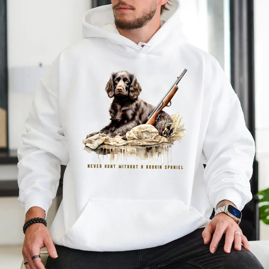 Boykin Spaniel Hoodie | Realistic Hunting Dog and Shotgun Graphic | Premium Cotton Blend | Gift for Hunter and Outdoor Enthusiast
