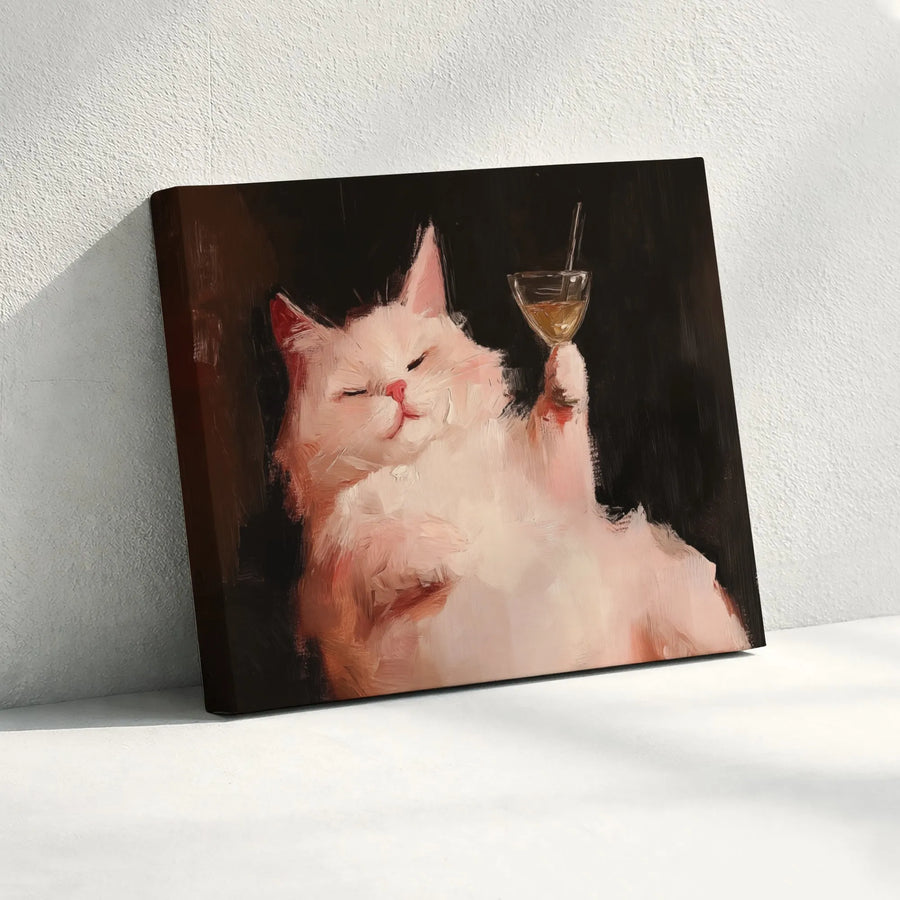 Funny Cat Painting Wall Art | Smug White Cat Toasts With Cocktail | Premium 1.25" Gallery Canvas | Quirky Home Office Decor Gift