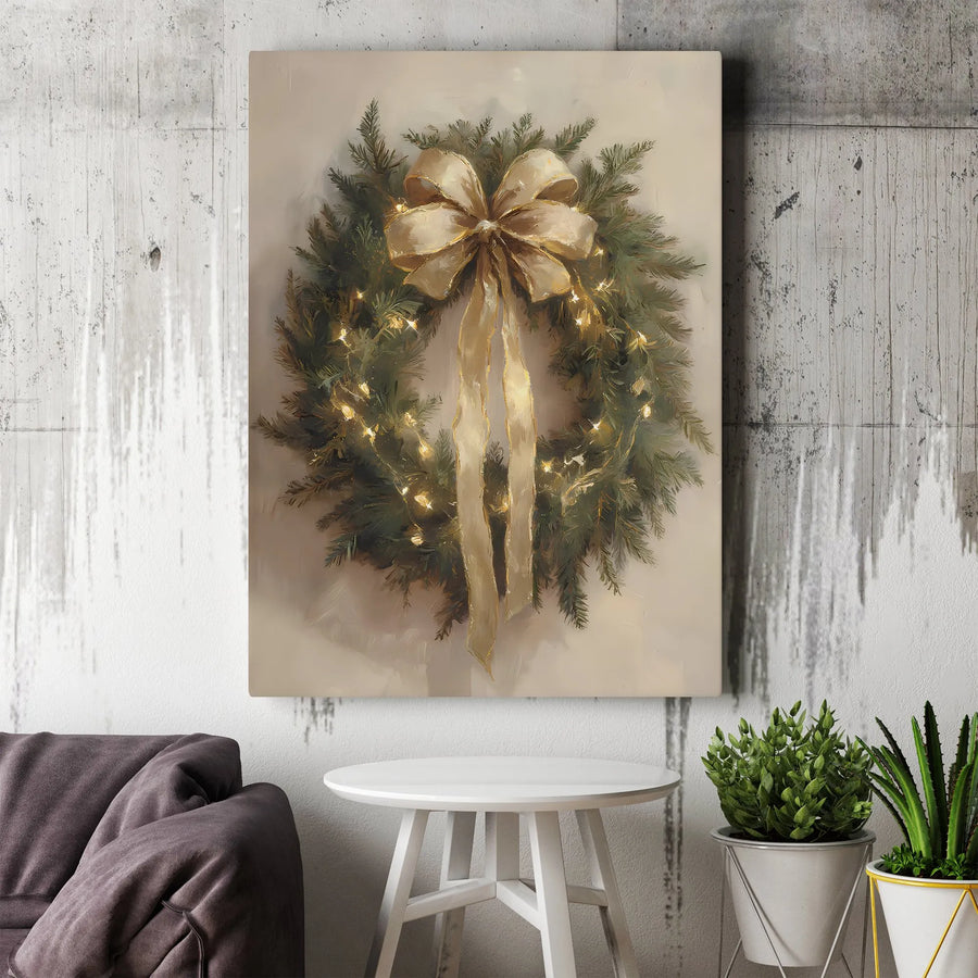 Christmas Wreath Canvas Wall Art | Elegant Gold Bow and Fairy Lights Print | Gallery Quality 1.25 Inch Canvas | Holiday Home Decor Gift