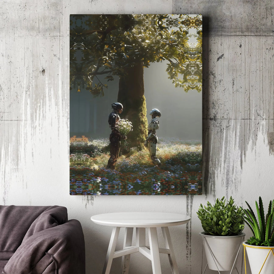Robot Romance Canvas Wall Art | Androids in Wildflower Forest Print | Premium Gallery Wrapped Canvas | Sci-Fi Collector's Home Decor Gift