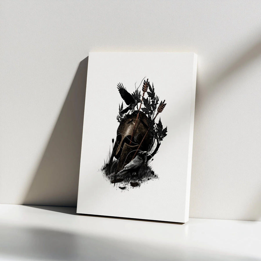 Spartan Helmet Canvas Wall Art | Fallen Warrior with Ravens Sketch | Premium 1.25" Thick Canvas | Stoic Man Cave Decor Gift for Men