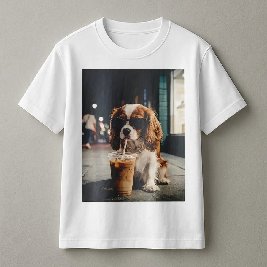Cavalier King Charles Spaniel T-Shirt | Funny Dog with Sunglasses | Premium Cotton Blend | Gift for Dog Mom, Iced Coffee Lover Sweatshirt