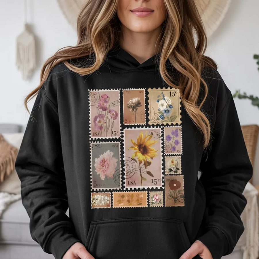 Vintage Floral Stamp Hoodie | Retro Postage Stamp Wildflower Graphic | Premium Soft Blend Pullover | Cottagecore Aesthetic Gift for Gardener