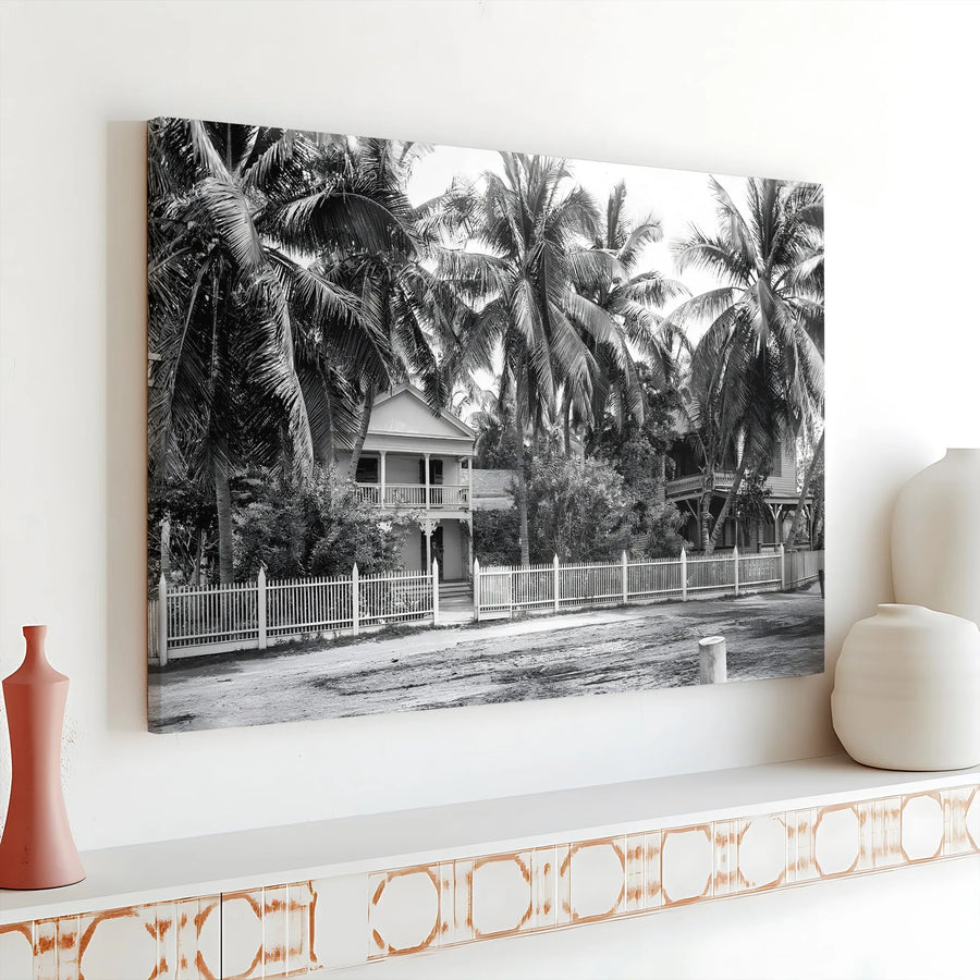 Tropical House Canvas Wall Art | Black and White Palm Tree Photography | 1.25-Inch Gallery Wrap Frame | Coastal Home Decor Gift