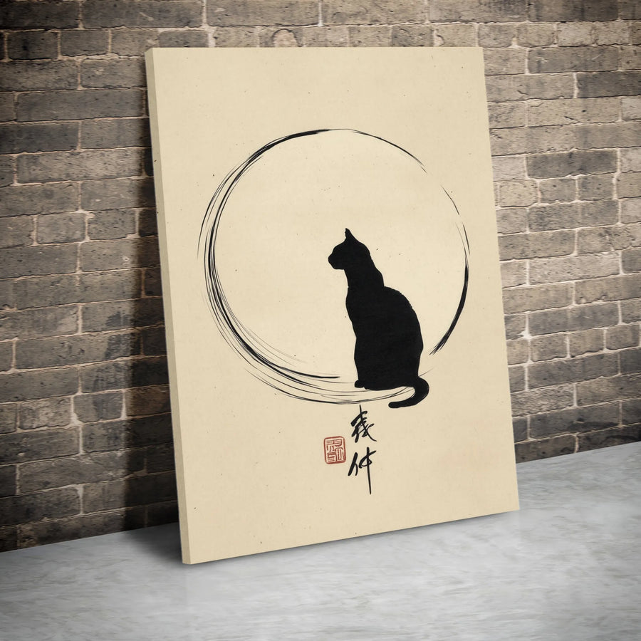 Japanese Zen Cat Wall Art | Minimalist Enso Circle Silhouette Print | Premium Gallery Wrapped Canvas | Elegant Home Decor Gift for Cat Lovers