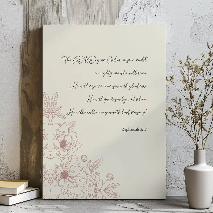 Zephaniah 3:17 Canvas Print | Floral Line Art Bible Verse Wall Decor | Premium 1.25" Gallery Wrap | Inspirational Christian Gift for Home