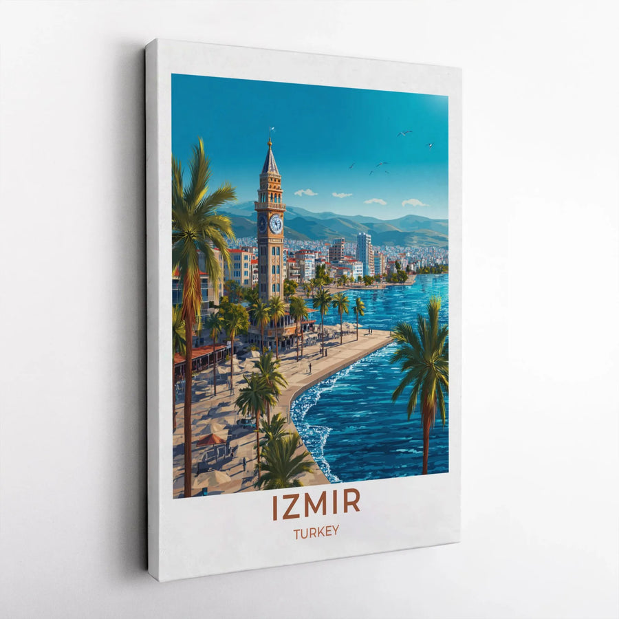 Izmir Travel Poster | Vintage Style Clock Tower Seaside Art | Premium 1.25-Inch Gallery Canvas | Turkish Cityscape Gift for Travelers