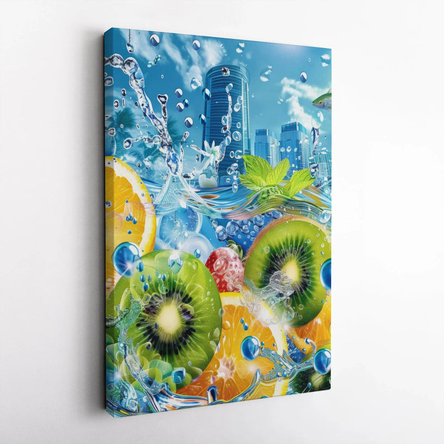 Fruit Splash Canvas Art | Vibrant Kiwi Orange Mint Water Wall Decor | 1.25-Inch Gallery Wrap Print | Modern Kitchen and Dining Room Wall Decor