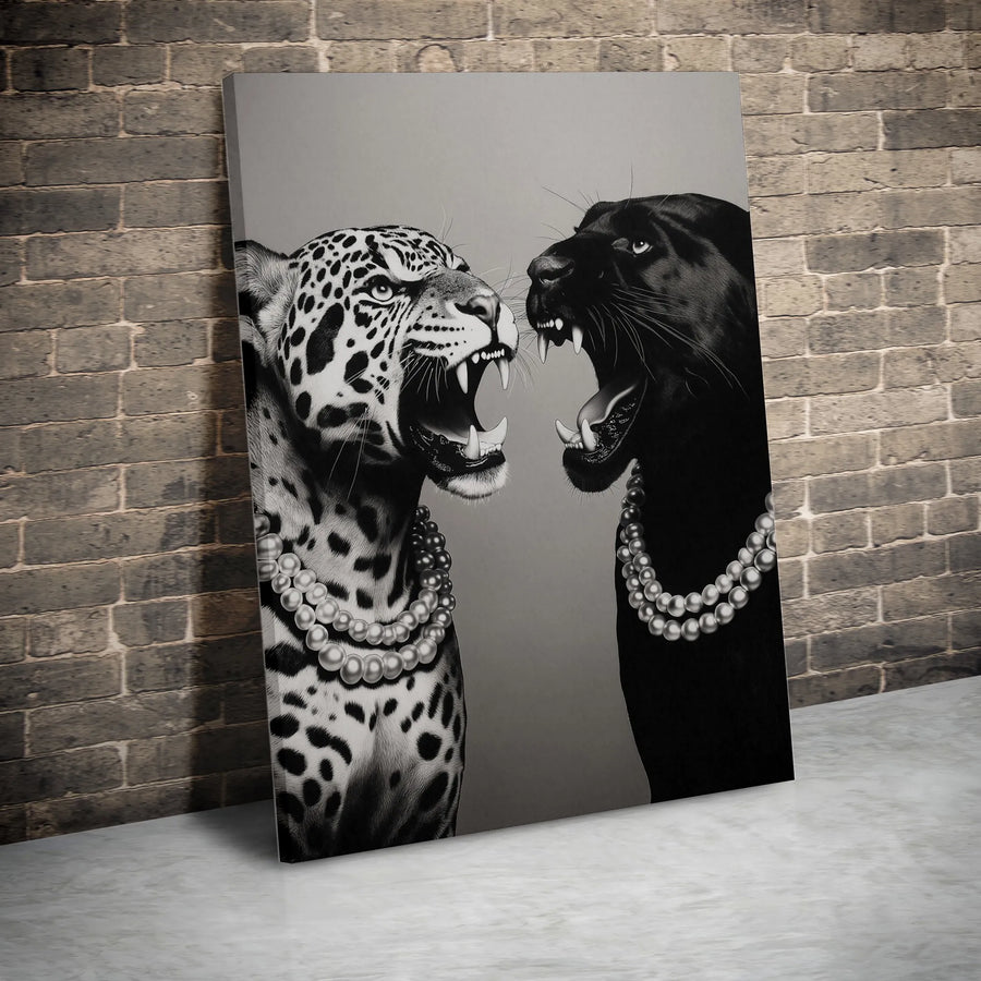 Fashion Leopard and Panther Canvas | Black & White Big Cats with Pearls | Premium Wall Art | Modern Home Decor Collector's Gift