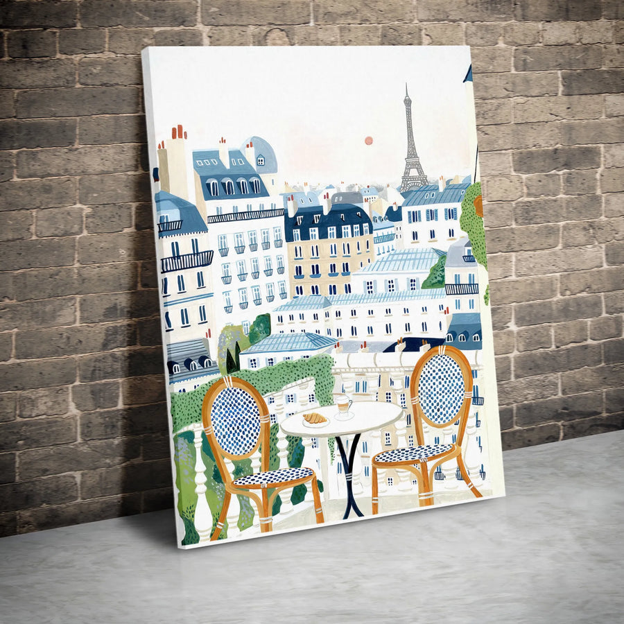 Parisian Balcony Canvas Print | Eiffel Tower View with Bistro Chairs | Premium 1.25 inch Gallery Wrap | Travel Decor Gift for Her