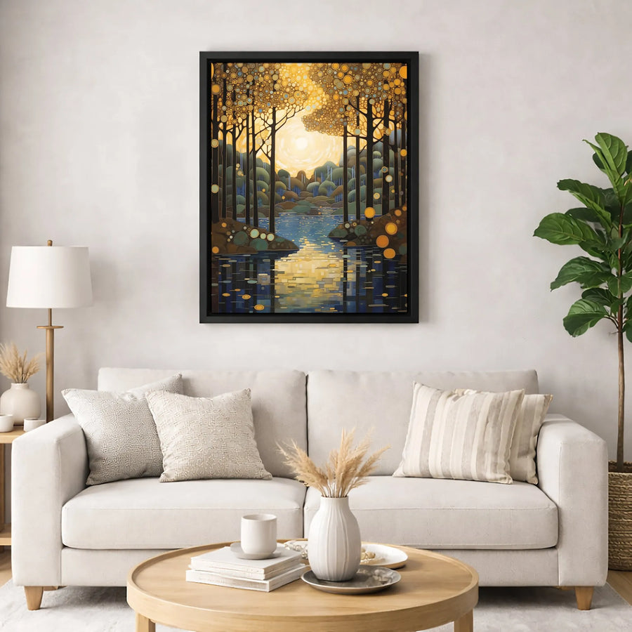 Abstract Forest Landscape Canvas | Golden Sunlit Trees & River Wall Art | Premium Gallery-Wrapped Quality | Modern Nature Home Decor Gift