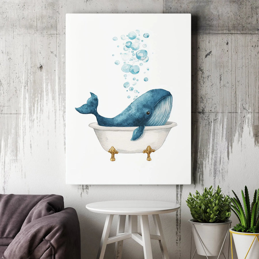 Watercolor Whale In Bathtub Wall Art | Whimsical Ocean Animal Print | Premium Gallery Canvas | Cute Nursery Decor or Bathroom Gift