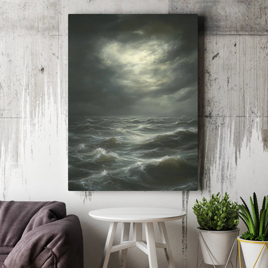 Stormy Sea Canvas Wall Art | Dark Moody Seascape Painting Print | Premium Gallery Wrapped Canvas | Nautical Home Decor Gift