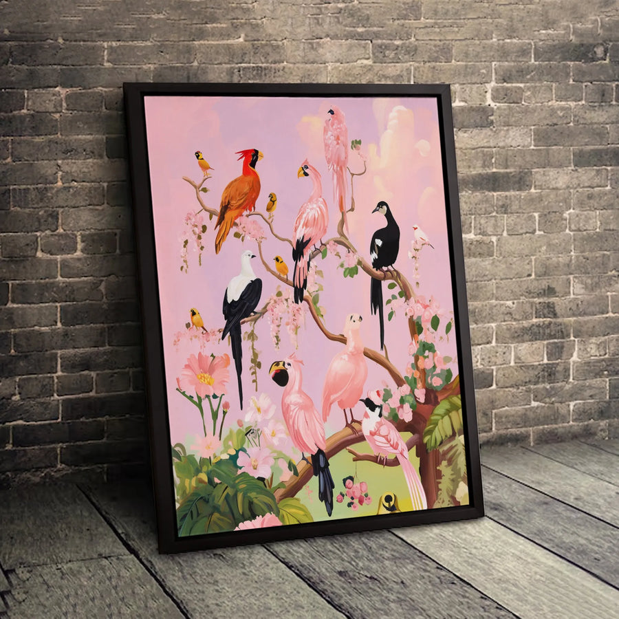 Tropical Bird Canvas Art | Pink Floral Exotic Wildlife Print | Premium Gallery Wrapped Wall Decor | Gift for Nature Lovers