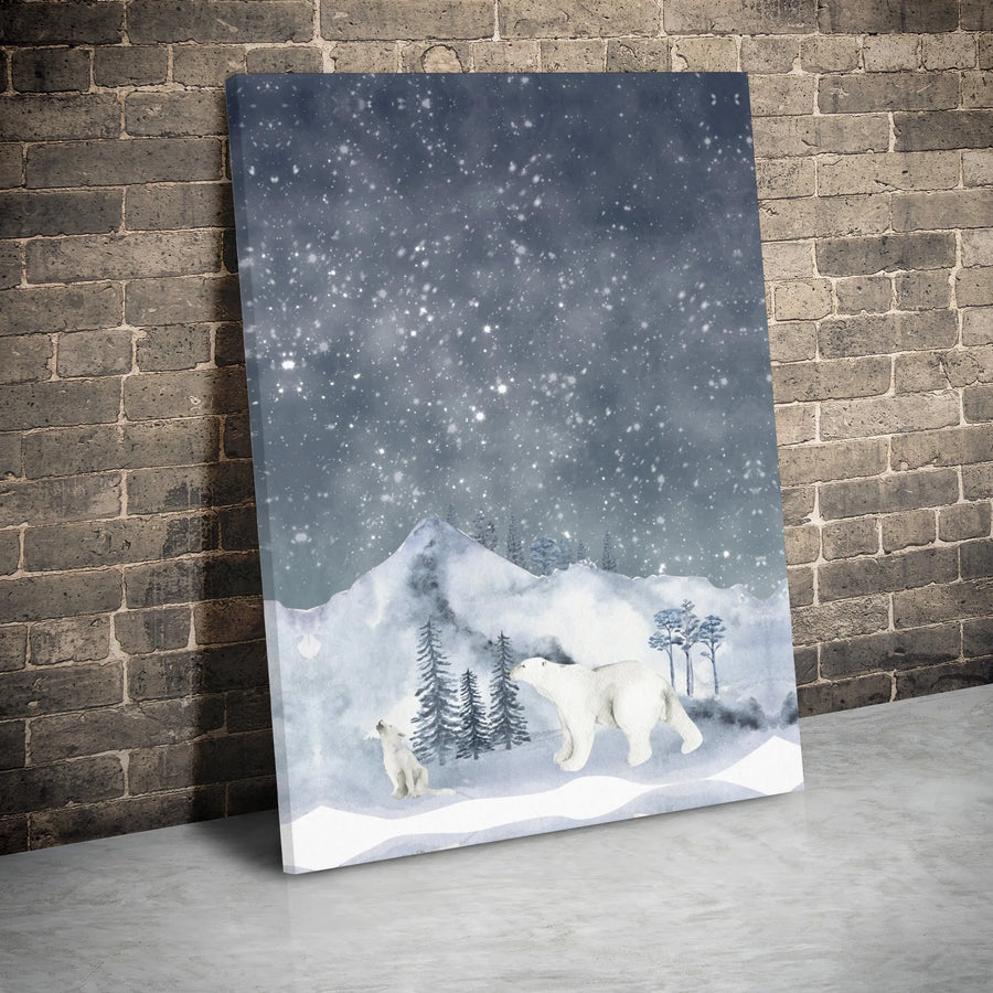 Polar Bear Wall Art Canvas | Watercolor Snowy Mountain Landscape | Gallery Wrap 1.25 Inch Thick | Nursery Decor & Winter Wildlife Gift