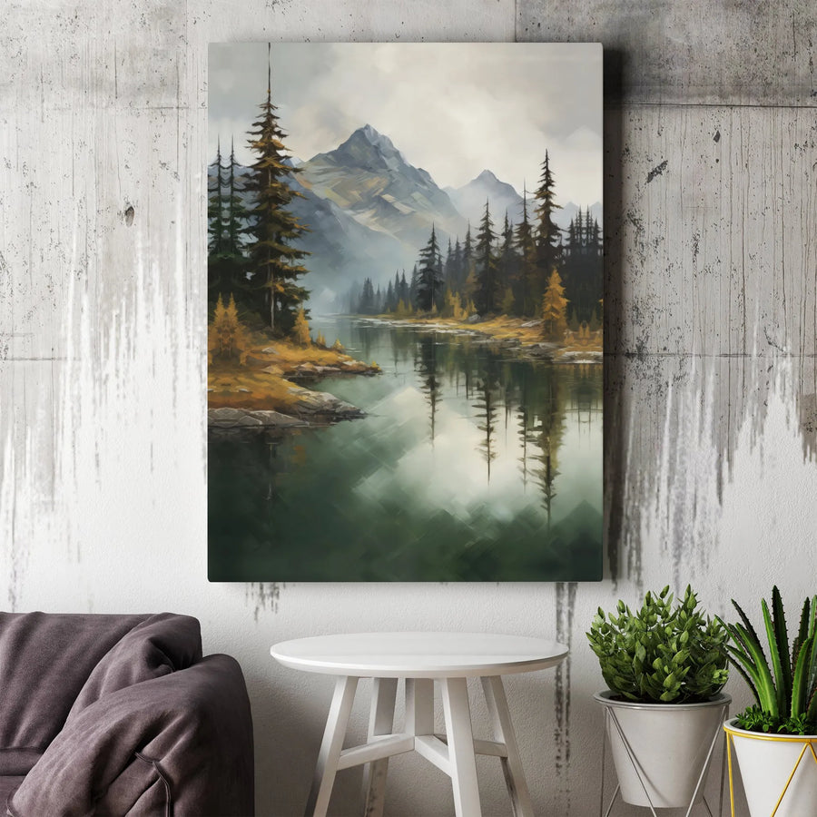 Mountain Lake Canvas Wall Art | Misty Forest & River Painting | Gallery Quality Canvas | Rustic Cabin Home Decor Gift