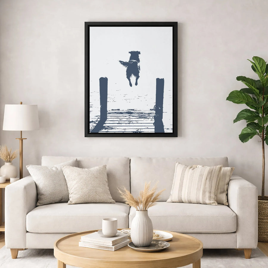 Dog Jumping Into Water Canvas Art | Minimalist Stencil Dock Illustration | Premium Fade-Resistant Print | Modern Pet Lover Home Decor Gift