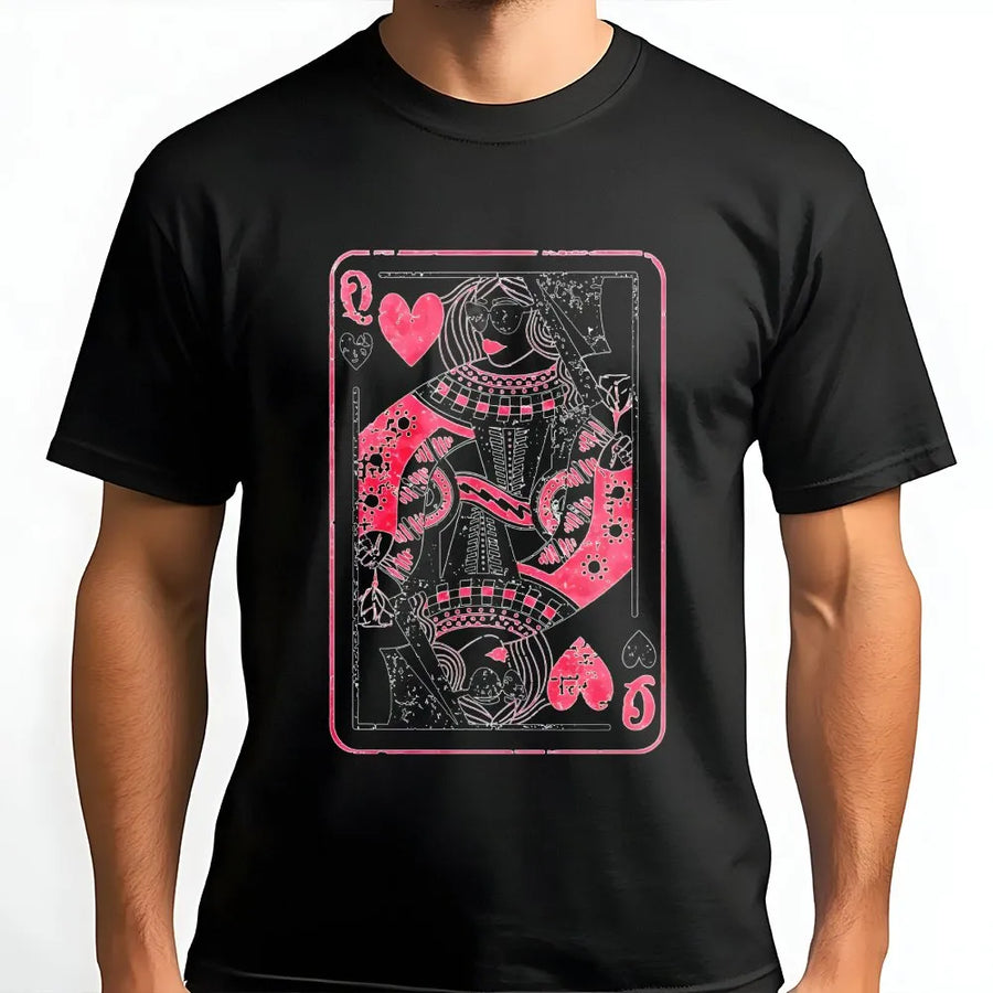 Queen of Hearts Playing Card T-Shirt | Retro Grunge Pink Heart Design | 100% Premium Cotton Tee | Romantic Gift for Her Valentine Day Outfit