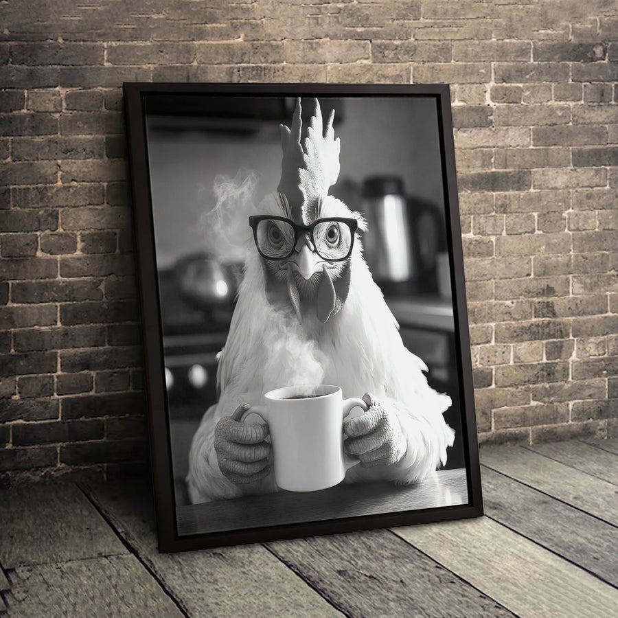 Rooster Drinking Coffee Wall Art | Whimsical Chicken With Glasses Portrait | 1.25-Inch Premium Gallery Canvas | Funny Farmhouse Kitchen Decor Gift