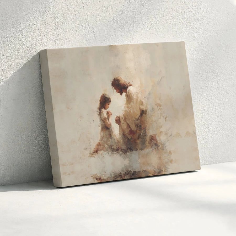 Jesus Praying With Child Canvas Print | Watercolor Christian Wall Art | Premium Gallery-Wrapped Decor | Faith Inspired Gift for Nursery or Home