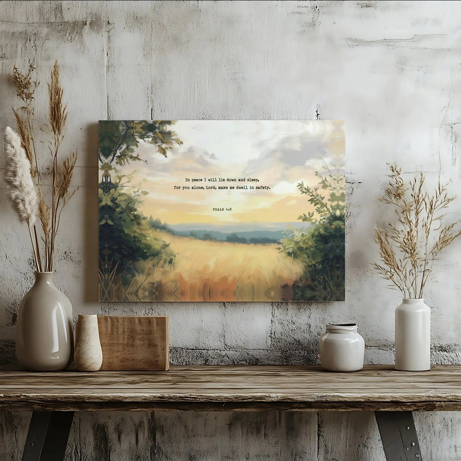 Psalm 4:8 Wall Art Canvas | Christian Scripture Landscape Painting | Premium Gallery Wrapped Decor | Inspirational Religious Gift for Home