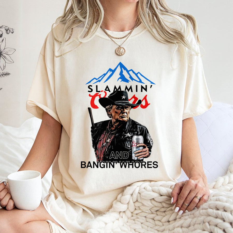 Trump Beer Drinking T-Shirt, Slammin' Coors & Bangin' Whores Graphic, Bold Patriotic T-Shirt For Beer Lovers & Trump Fans