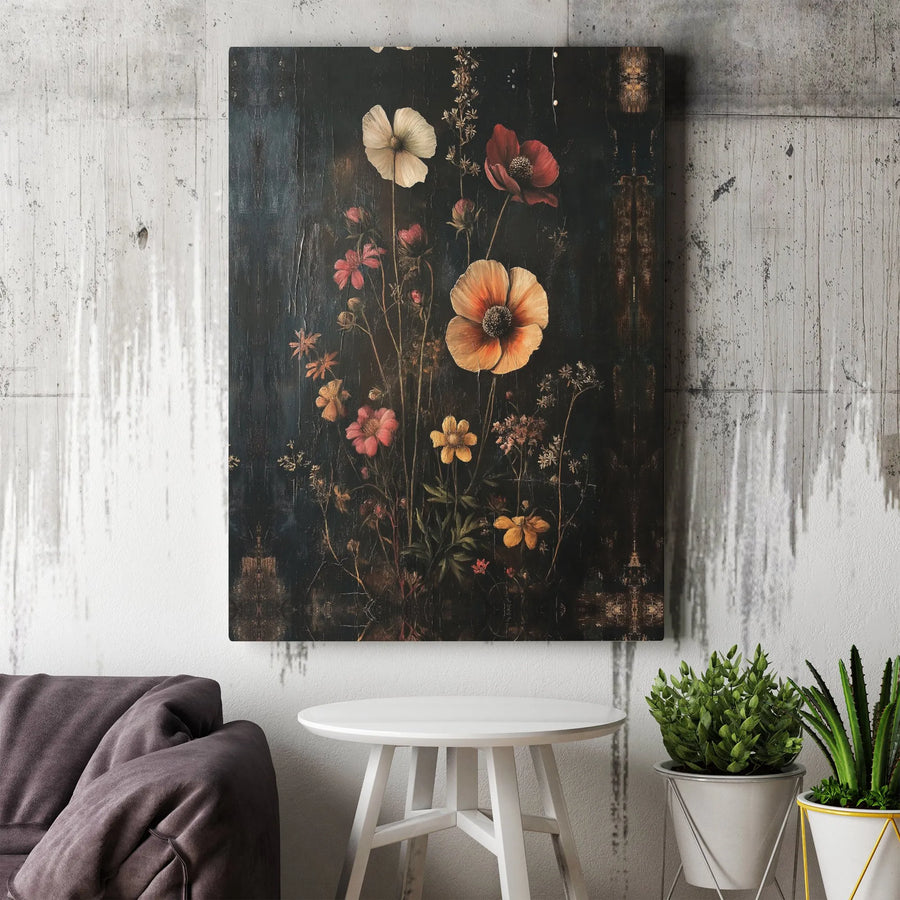 Dark Moody Floral Wall Art | Vintage Wildflower Botanical Oil Painting Print | Gallery Quality 1.25” Canvas | Premium Home Decor Gift