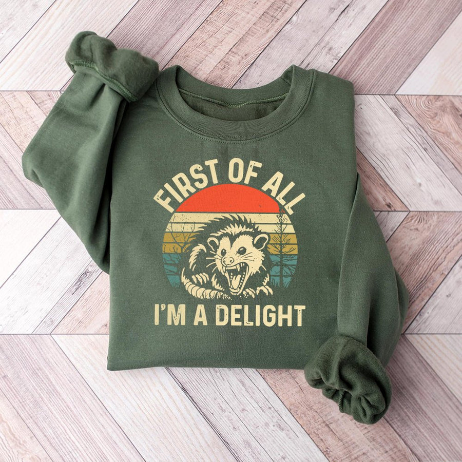 First Of All I'm A Delight Opossum Sweatshirt | Retro Sunset Graphic Pullover | Soft Cotton Blend Premium Quality | Funny Animal Lover Gift For Women And Men