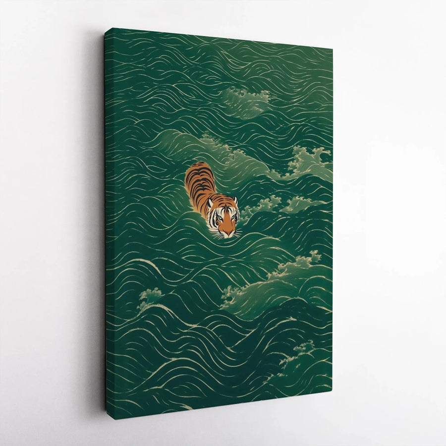 Japanese Tiger Wall Art | Swimming Tiger in Green Ocean Waves | Premium Framed Gallery Canvas | Nature Home Decor Gift for Animal Lovers
