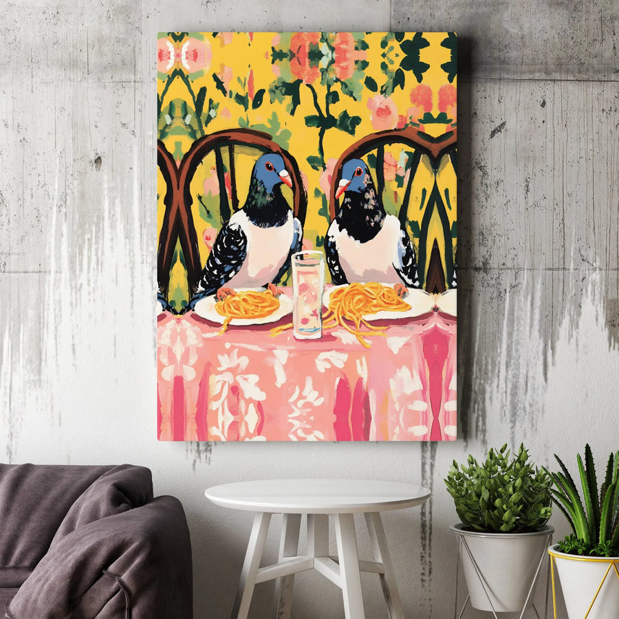 Pigeon Spaghetti Dinner Wall Art | Quirky Bird Eating Pasta Canvas | Premium Gallery Wrapped Print | Fun Kitchen Decor Gift