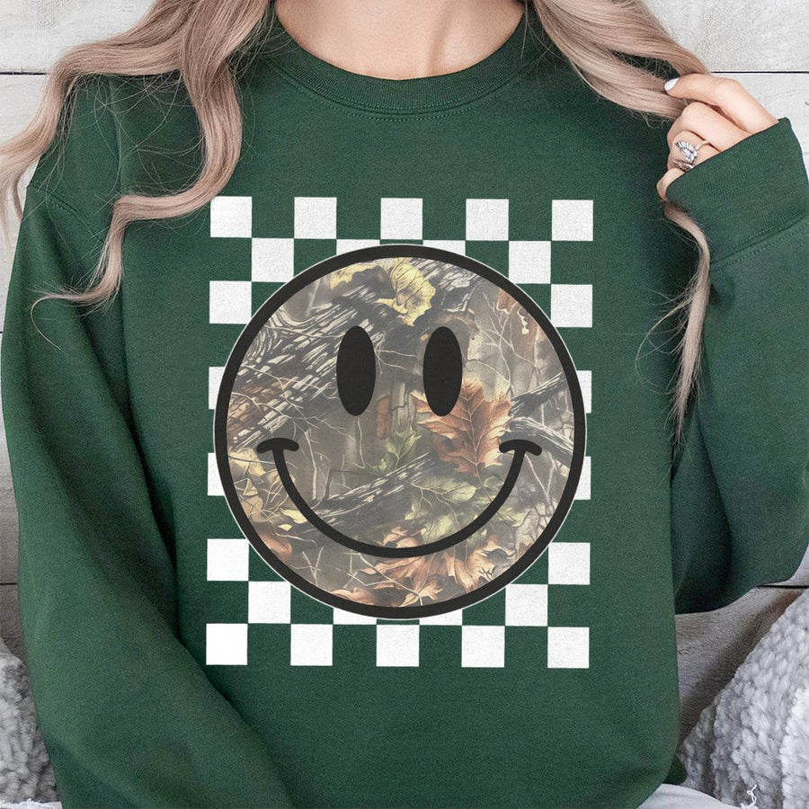 Camo Smiley Face Sweatshirt | Retro Checkered Happy Face Print | Premium Cotton Blend | Aesthetic Unisex Gift for Women and Men