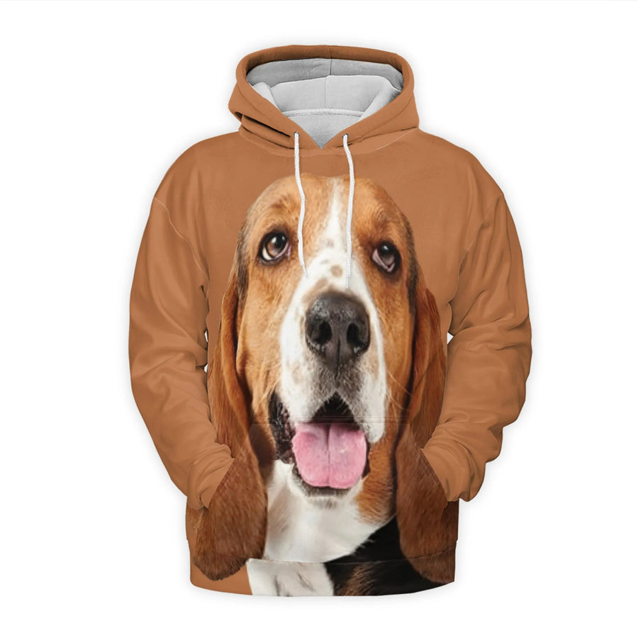 Basset Hound Hoodie | Realistic 3D Dog Face Graphic Print | Soft Brushed Fleece Polyester | Unique Animal Lover Gift