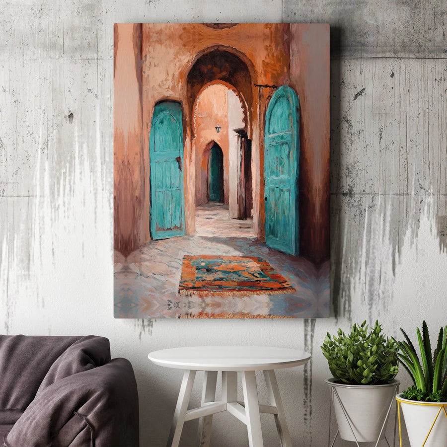 Moroccan Alleyway Canvas Art | Turquoise Door Oil Painting Print | Gallery Wrap 1.25 Inch Wall Decor | Mediterranean Home Decor Gift