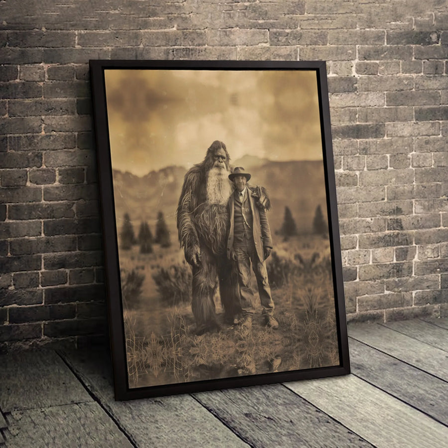 Bigfoot Vintage Photography Canvas | Sepia Western Sasquatch Print | Premium Gallery Wrap Wall Art | Unique Cryptid Lover Gift