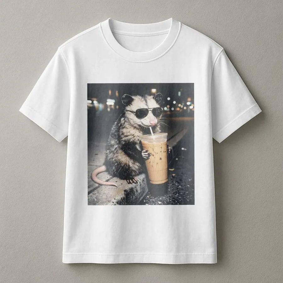 Funny Opossum Meme T-Shirt | Possum Drinking Iced Coffee Graphic | Cozy Unisex Crewneck | Vintage 90s Streetwear Gift for Animal Lovers